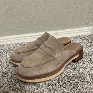 Bernardo Suri Penny Loafer Mules in Suede Grayish Tan Women's Size 8
